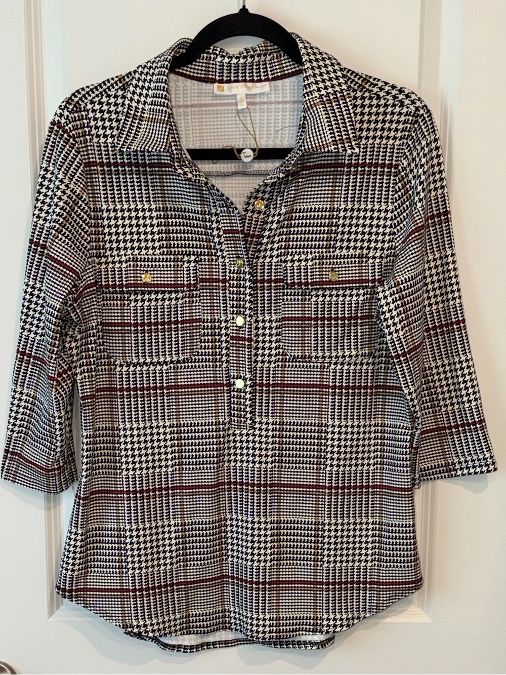 Jude Connally Stretchy Plaid Tunic Top Women’s Size Large Preppy 3/4 Button